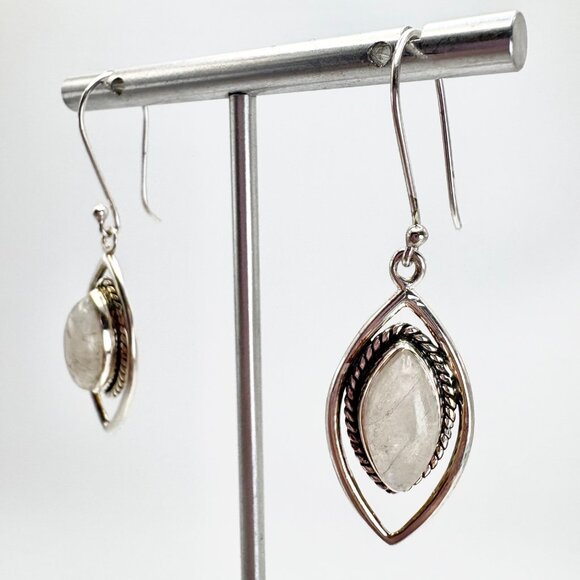 VTG Solid Sterling Silver 925 White Quartz Dangle Earrings Size 2" Length - Picture 2 of 10